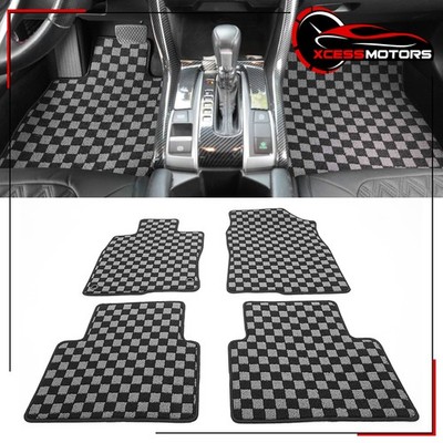 Fits 16-21 Honda Civic 2DR 4DR Floor Mats Black Gray Plaid Checkered Carpet 4PCS