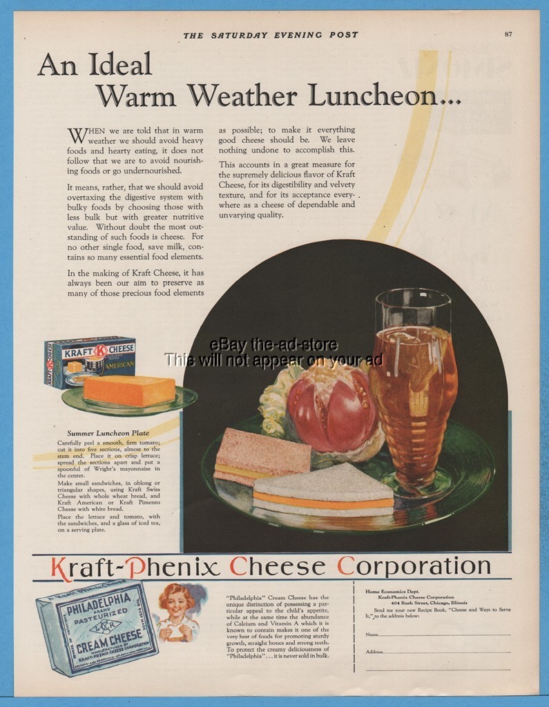 1929 Kraft Phenix American Cheese Philadelphia Cream Summer Luncheon Plate Vintage Ad