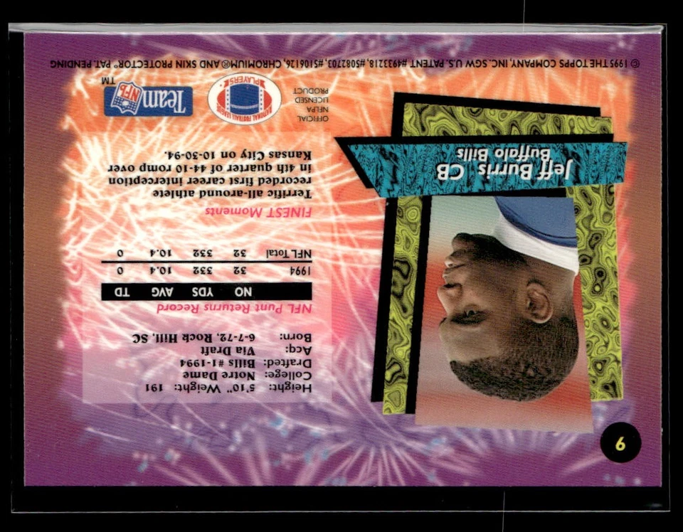 1995 Finest #9 Jeff Burris Card Buffalo Bills - Image 2 of 2