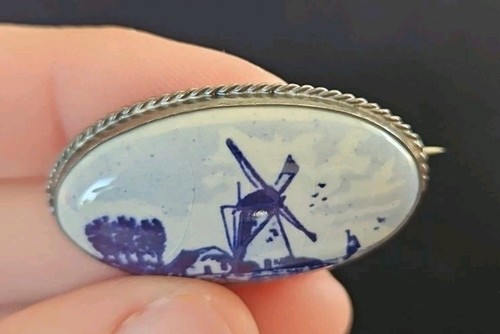 Antique Vintage Dutch Oval Delft Windmill Pottery 835 Silver Brooch Pin #10 - Picture 7 of 7