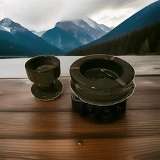 Vtg MCM Black & White Marble Heavy Cigarette Cigar Ashtray Round 3 Slots Gift