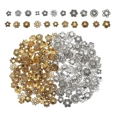 160Pcs 11 Styles Flower Spacer Beads Caps Antique Silver and Gold Flower Bead...