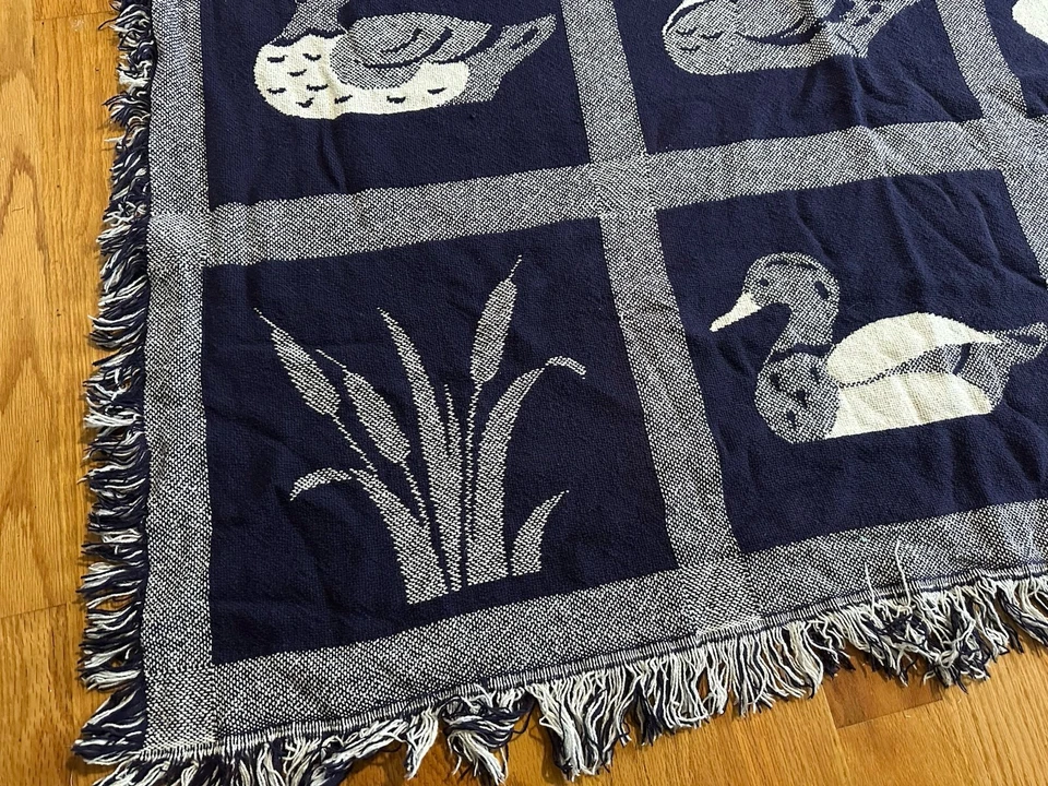 Manta de campo vintage azul blanco tejido tapiz de pato casa de campo núcleo 70x46 Foto 4 de 4