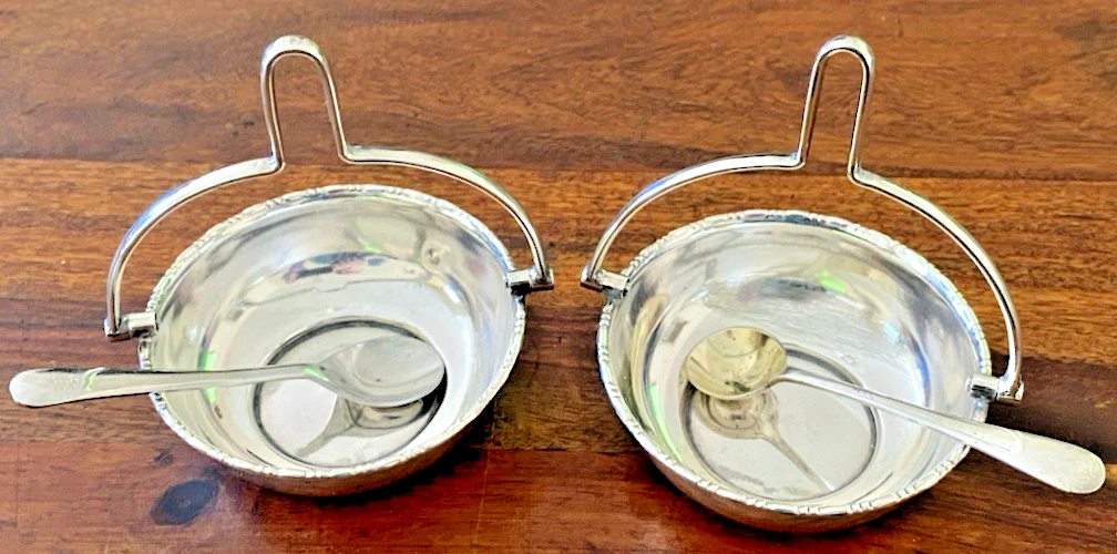 Vintage Pair of Sheffied Silver Plated Open Salts & Spoons - Basket Handles