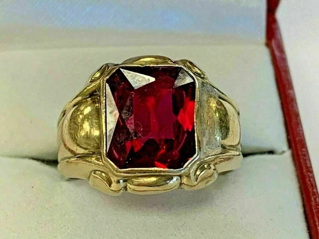 4Ct Emerald Lab Created Red Ruby Solitaire Mens Band Ring 14k Yellow Gold Finish - Image 3 of 4