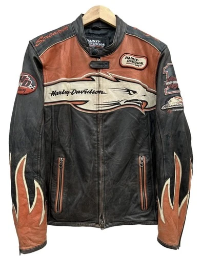Handmade Harley Men Orange Screaming Eagle Style Davison Cowhide Leather Jacket - product listing photo