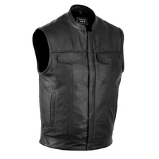 DEFY™ SOA Men's Motorcycle Club Leather Vest Concealed Carry Arms Solid Back 