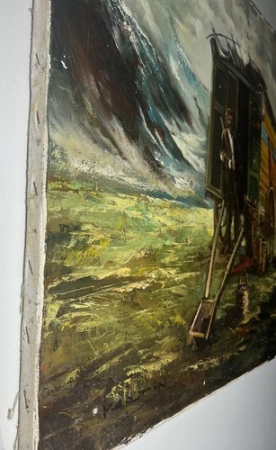 Awesome ~24x36” Oil Painting By MARTIN Romania Gypsy Wagon & Family Vtg Antique - Picture 12 of 19