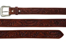 Western Rodeo Chestnut Tooled Leather Belt Floral Billet Size 31.5