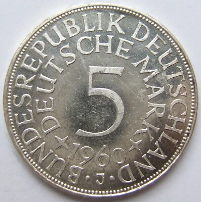 Münze BRD Silberadler 5 Deutsche Mark 1960 J in fast Stempelglanz aus EA - Bild 1 von 2