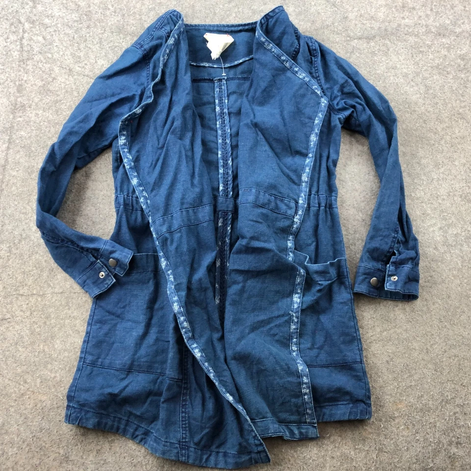 Chaqueta Anthropologie HEI HEI para mujer XS azul bolsillos frente abierto mezcla de lino Foto 4 de 4
