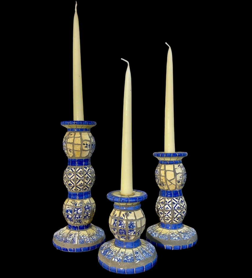 Set of 3 Mosaic Tile Candle Holders Mexican Folk Art Blue Boho Vintage Decor - Image 2 of 4