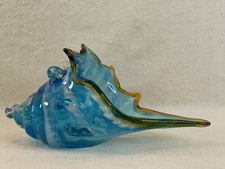 Murano Style Art Glass Clear Blue Gold White Conch Shell Nautical Beach Decor