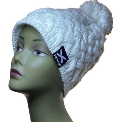 Scotland Logo with Pom Pom White Knit Winter Beanie by Beechfield Headwear