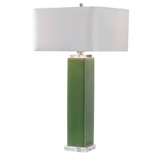 Lush Green Square Cylinder Column Table Lamp | Ceramic Organic Tropical White