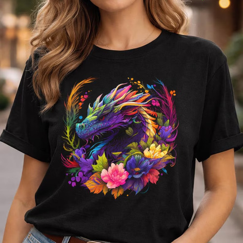 Floral Dragon T-Shirt – Colorful Fantasy Dragon Graphic Tee, Mythical Creature S