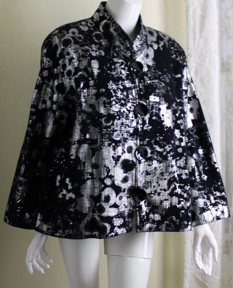 Caroline Rose XL Black Silver Art-Wear Floral Woven Chic 3/4 Jacket Blazer Lux 