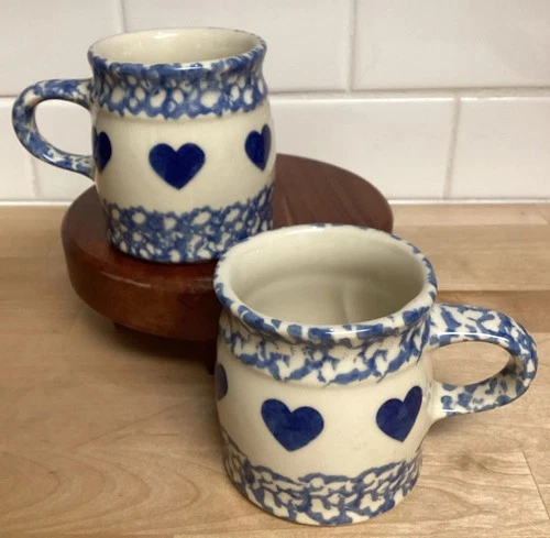 Vintage Henn Blue Spongeware Pottery Coffee Mug Roseville Ohio 2pc Set
