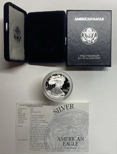 1996-P American Silver Eagle Proof 1 Troy oz .999 Fine Silver Coin in box w/COA
