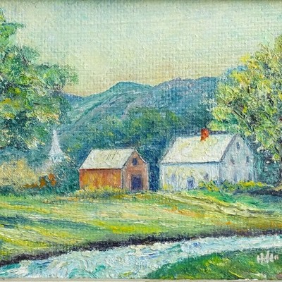 Vint Miniature Naive Landscape Oil Painting Farmhouse Barn Stream Signed 9.5x7.5