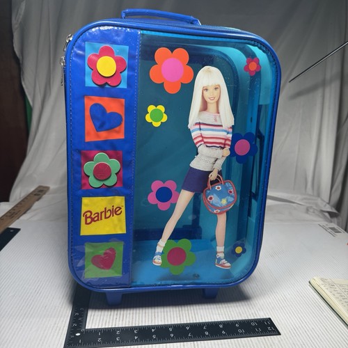 1996 Barbie Rolling Suitcase Luggage Childs Size Overnight Blue Opaque