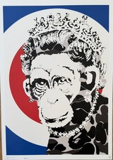 Ltd edition Death NYC print Banksy Monkey Queen Queen Elizabeth. chimpanzee. MOD