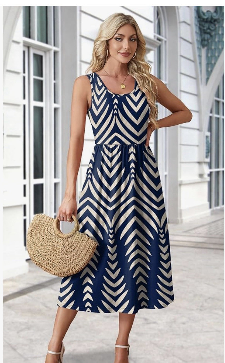Women’s Blue/White Chevron Sleeveless Scoop Neck Midi A-Line Tie Waist Dress L