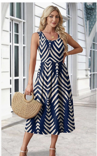 Women’s Blue/White Chevron Sleeveless Scoop Neck Midi A-Line Tie Waist Dress L