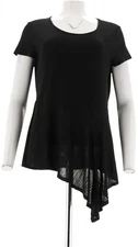 H Halston Crew Neck Knit Plisse Peplum Top Asymmetric Hem Black M NWOT (1077)