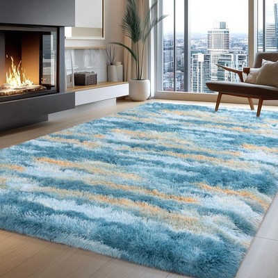 Fluffy Rugs for Living Room, 6x9 Feet Abstract Blue Large Shag Area Rugs for ...