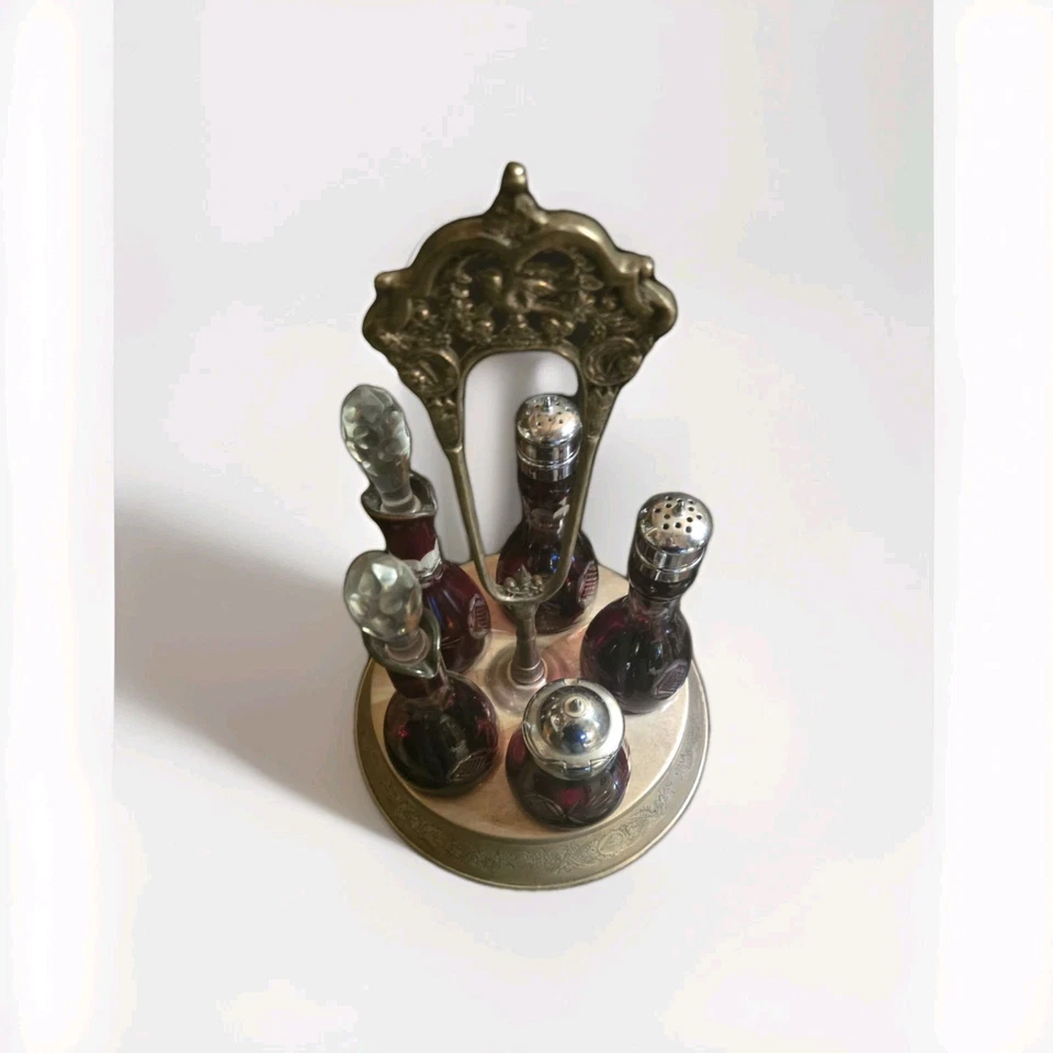 vtg M. Jaccard Silver Plate & Ruby Glass Antique Bohemian Ruby Etched Cruet Set  - Image 3 of 4