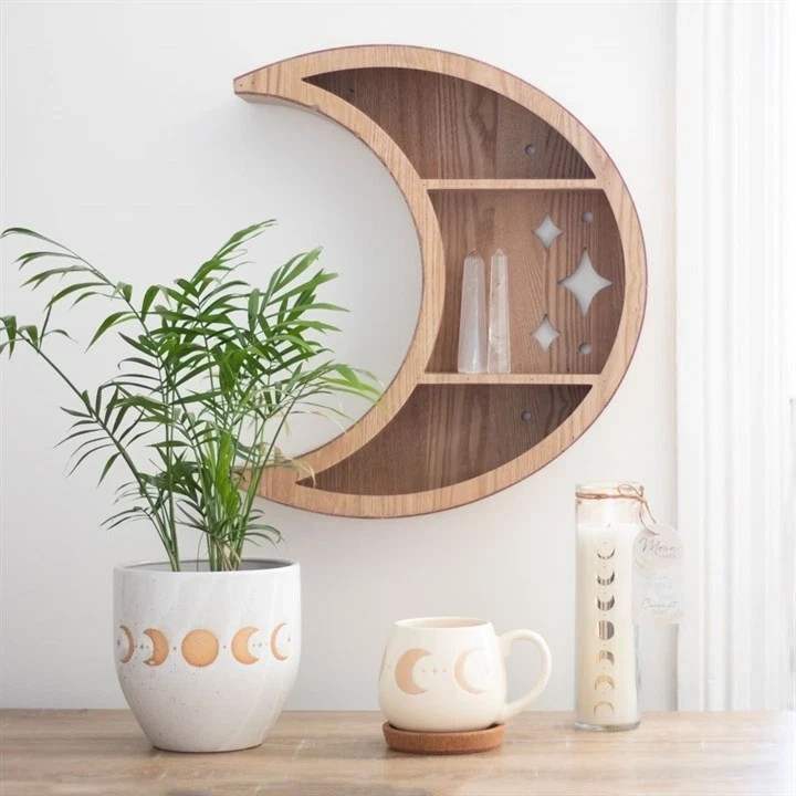 Wooden Crescent Moon Wall Shelf Crystal Display Floating Storage Boho Decor 42cm