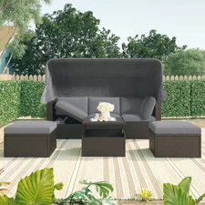  Outdoor Daybed Sectional Patio Furniture Wicker Conversation Set w/Ottoman