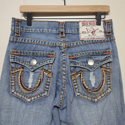 True Religion Joey Super T Jeans Mid Rise Y2K Rainbow Stitch Flap Pocket 32 