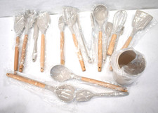 15 Piece Kitchen Cooking Utensils w Organizer Silicone w Wooden Handles Beige