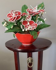 VTG French Glass Beads Red white lilies Flowers Bouquet HE LOVES ME....Read