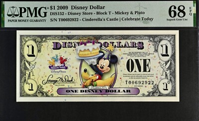 2009 $1 Disney Dollar Mickey & Pluto PMG 68 Superb Gem Unc EPQ DIS 152 T00692922