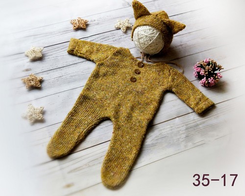 Newborn Knit Romper & Bear Hat SET Baby Photo Photography Prop Cloth Bodysuit - Picture 13 of 16