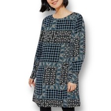 LOFT Blue Black Patchwork Mini Dress Long Sleeve Boho Whimsigoth Artsy Petite 6P