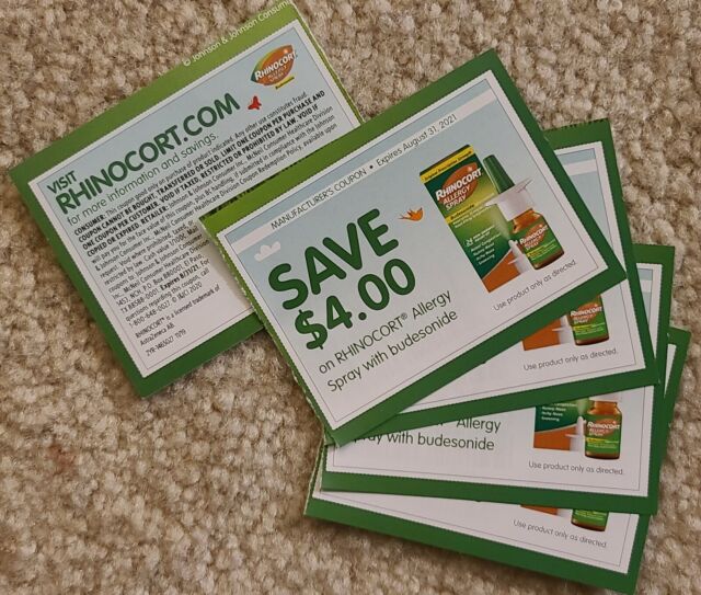 Five (5) Rhinocort Allergy Spray coupons save $4.00 on 1 spray Exp. 08/31/2021 Five (5) Rhinocort Allergy Spray coupons save $4.00 on 1 spray Exp. 08/31/2021