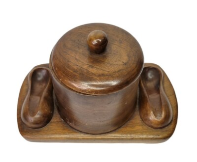 Vintage Mid Century 1950's Wooden Tobacco Pipe Holder with Tobacco Jar