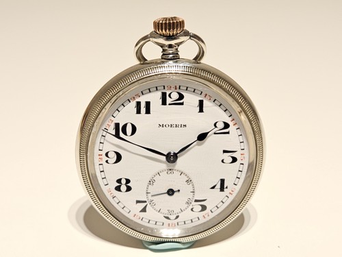 ANTIQUE VERY RARE PRE WW2 SWISS MEN'S OPEN FACE POCKET WATCH"MOERIS" CAL.17A/15J - Picture 3 of 13
