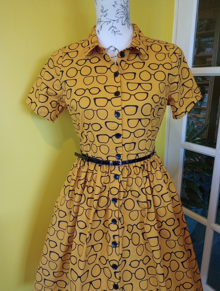 Harkel Mustard Yellow Spectacles Print Dress UK Size 10-12 (US Size 6-8)