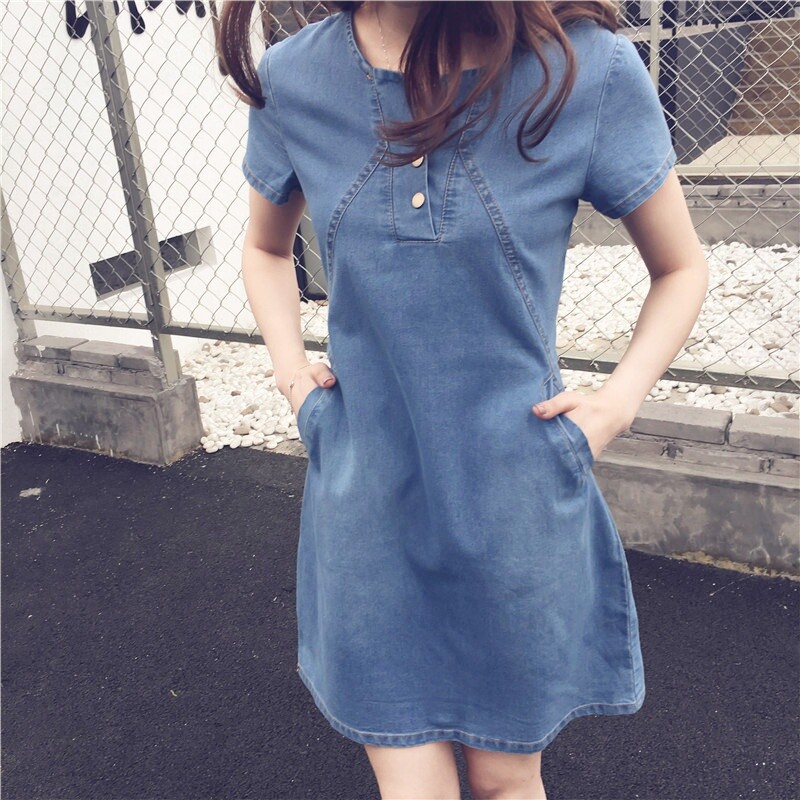 longline denim dress Women Longline Shirt Dress Short Sleeve Slim Fit Midi Lady Jean A-line Skirt New