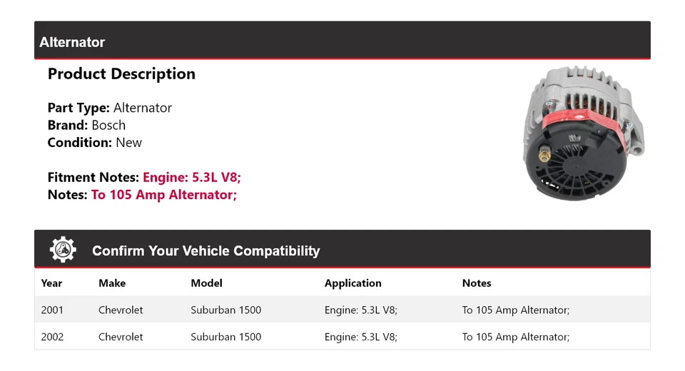 Alternador Bosch V8 5,3 L para Chevrolet Suburban 1500 2001-2002 (nuevo) Foto 2 de 4