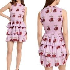 NWT ALIX OF BOHEMIA Smocked Cabana Ruby Rosette Cotton Mini Dress Pink Size S