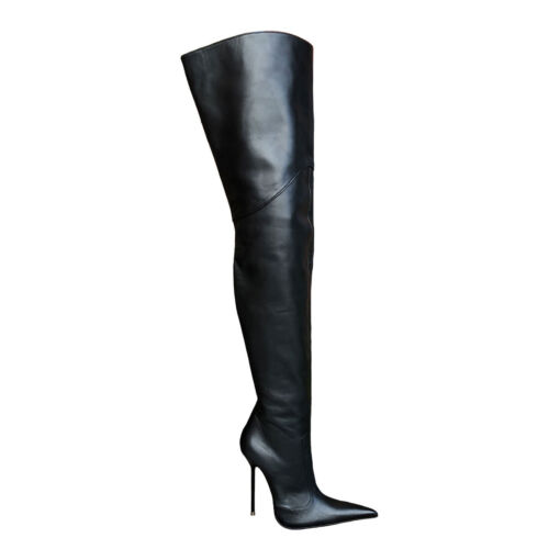 CQ CUSTOM POINTY CROTCH OVERKNEE BOOTS STIEFEL LEATHER BOOT BLACK ITALY 33 TO 41 - Afbeelding 1 van 6