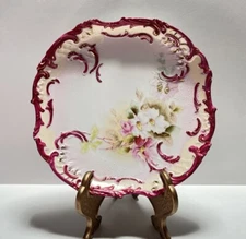 Vintage German Cabinet Plate, Painted Texture Gold Trim Pink Floral 