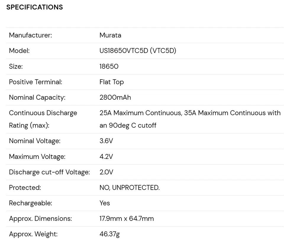 Sony VTC5D 2800mAh 18mm x 65mm 25A 3.6V Recargable con Estuche de Papel Foto 2 de 2