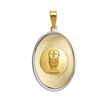 First Holy Communion Medal Pendant Solid 14K Two Tone Real Gold Religious Charm
